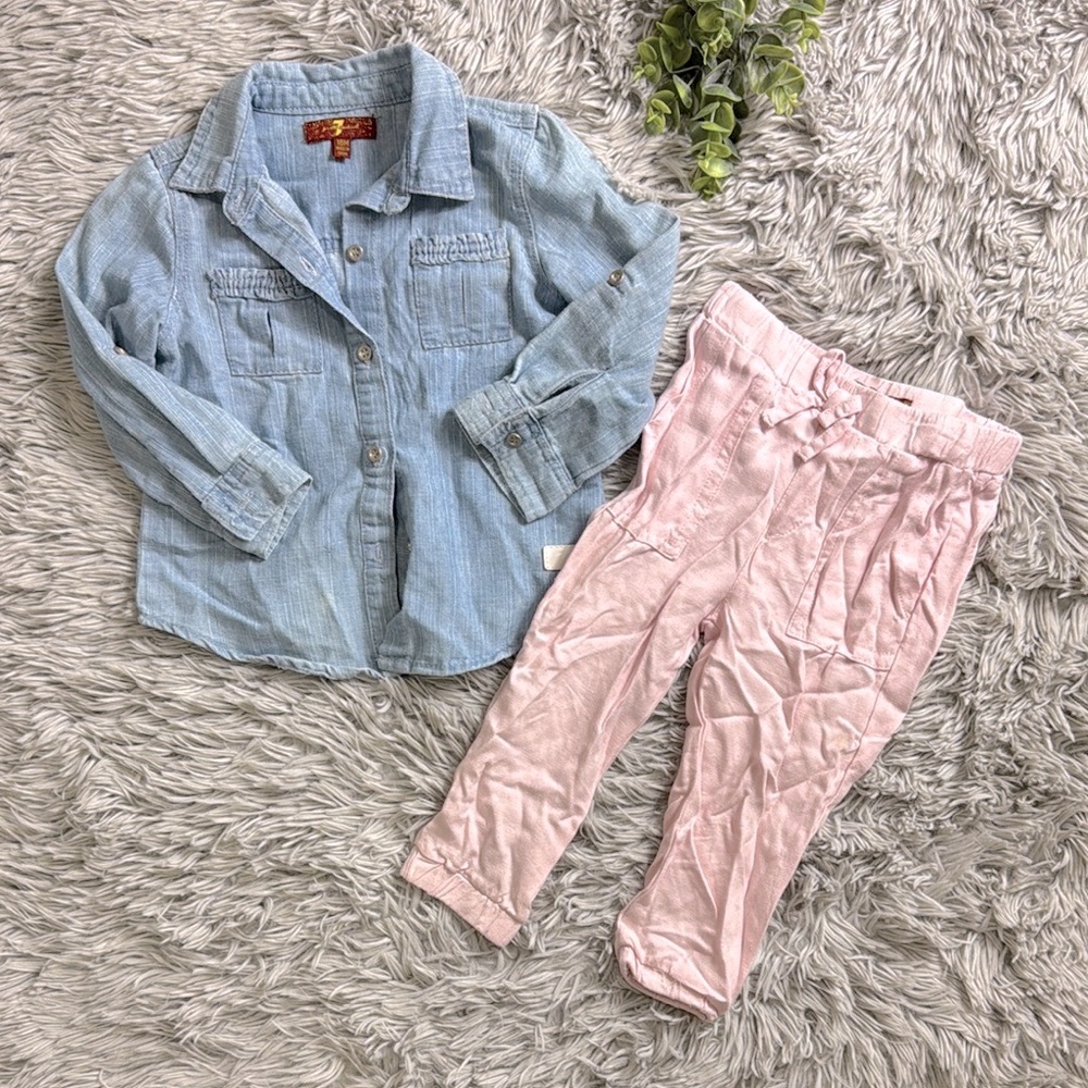 7 For All Mankind Blue chambray button down and pink joggers  Set size 18M